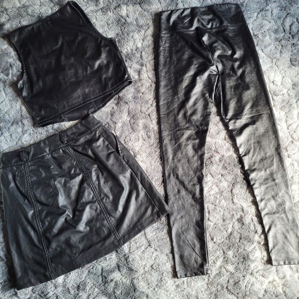 Maurice's Faux Leather 3 Piece Set Top Vest Pants Skirt Size S Black #0231